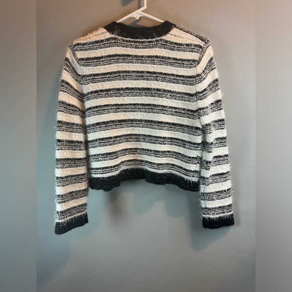 Calvin Klein Cardigan Women’s Black White Striped Fuzzy Eyelash Cropped Open - Picture 9 of 16
